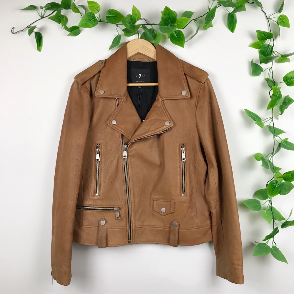7 For All Mankind Moto Genuine Leather Jacket Tan